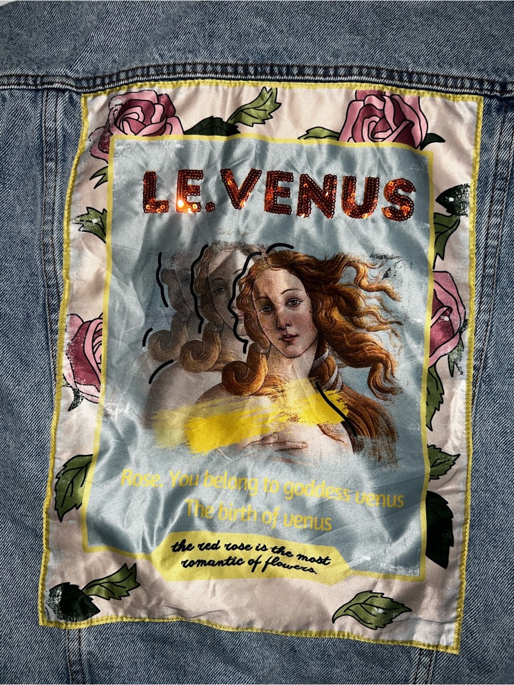 VENUS vintage Washed Blue Denim Trucker Jacket with back art patch with sequins